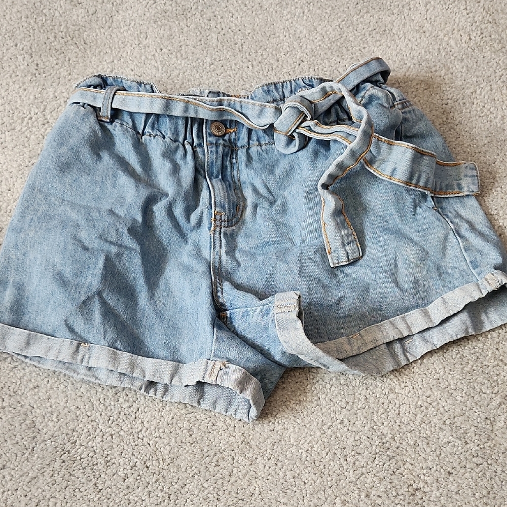 Light Blue Denim Paperbag Waist Jean Shorts with Tie Belt
